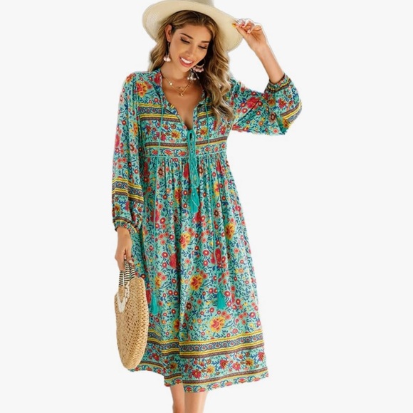 Aqua Summer Long Sleeve Midi Dress with Tie Top Detail size xxl - Picture 1 of 5